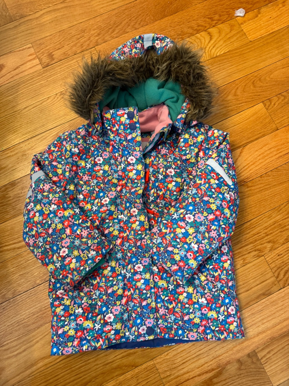 Mini Boden Girls' Floral Hooded Winter Jacket, size 5, detachable hood